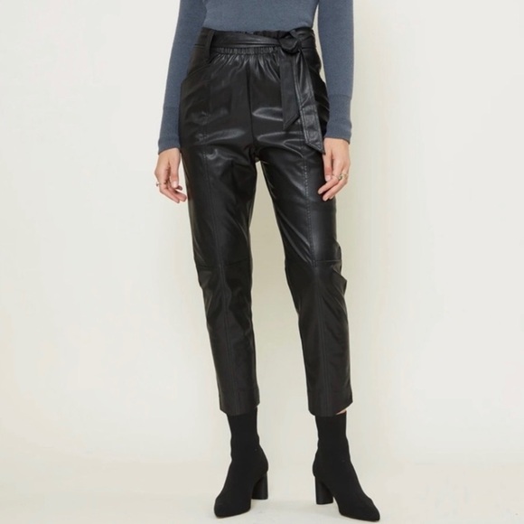 Current Air Faux Leather High Rise Tie Waist Cropped Trouser Pant Black Medium - Picture 1 of 16